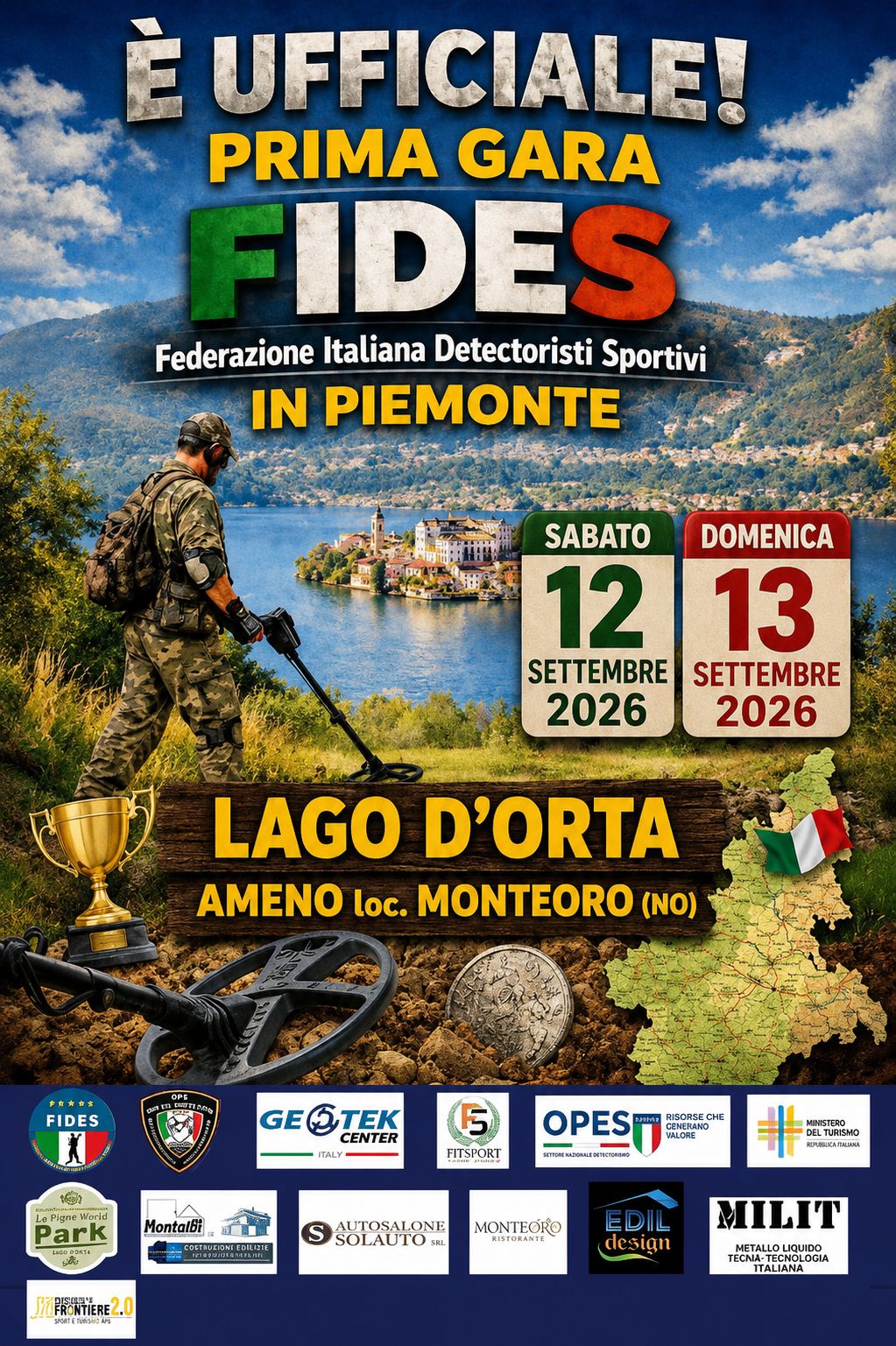 Locandina ufficiale della prima gara FIDES in Piemonte, in programma il 12 e 13 settembre 2026 al Lago d’Orta ad Ameno, località Monteoro.